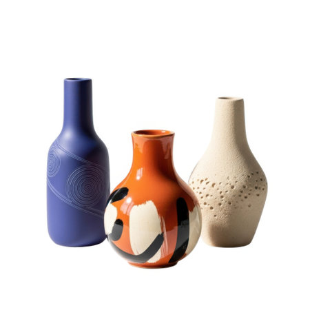 A collection of three distinct ceramic vases, showcasing a spectrum of colors, unique shapes, and embossed patterns, perfect for adding artistic flair to any interior space.の素材