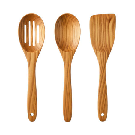 A natural wood set of essential kitchen utensils. Features a slotted spoon for draining liquids a solid spoon for serving and a spatula for cooking and flipping food.の素材