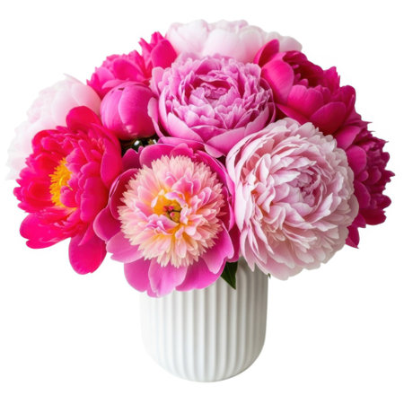 A vibrant arrangement of lush pink and magenta peonies fills a fluted white vase. This stunning floral display evokes romance and natural beauty, perfect for any occasion or decor.の素材