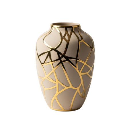 A sophisticated beige ceramic vase featuring a striking geometric pattern of gold and black lines. This decorative piece adds a touch of contemporary elegance to any interior design setting.の素材