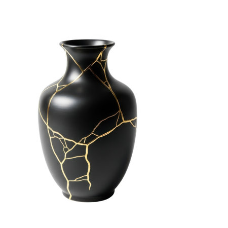 A striking black ceramic vase with Kintsugi repairs, highlighting the beauty of brokenness and mended imperfections with shimmering gold and silver lacquer details.の素材