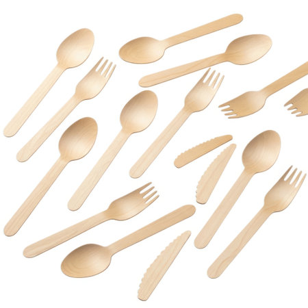 A collection of natural wooden spoons and forks, perfect for sustainable dining. Ideal for picnics, parties, and any event seeking an eco-conscious disposable cutlery option.の素材