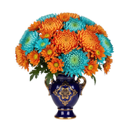 A beautiful arrangement of bright orange and teal chrysanthemums presented in an exquisite ornate blue ceramic vase. This floral display brings a pop of color and elegance to any space.の素材