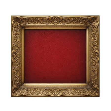 A beautifully detailed antique gold picture frame surrounds a deep red velvet mat. This elegant frame is perfect for showcasing photographs, art, or treasured memorabilia.の素材