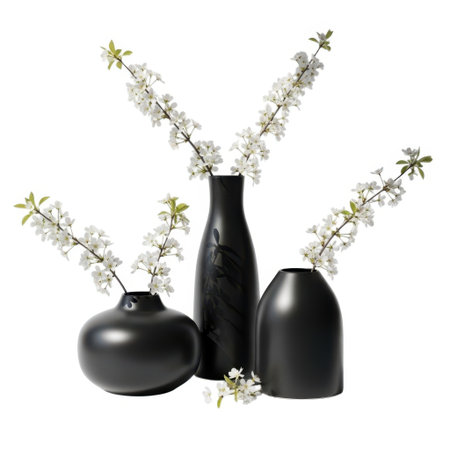 A striking arrangement of three matte black ceramic vases of varying shapes, each holding delicate stems of white flowers. This composition exudes modern elegance and minimalist charm, perfect for any interior design.の素材
