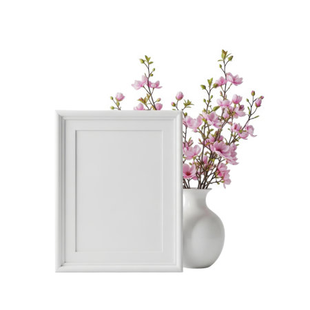 A blank white photo frame sits next to a white ceramic vase filled with delicate pink cherry blossoms, creating a serene and elegant still life composition.の素材