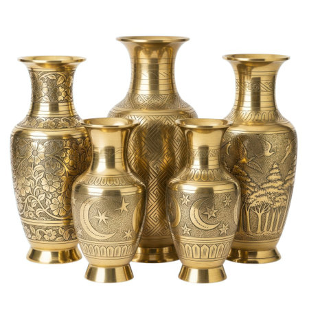A striking display of five beautifully crafted brass vases, each featuring detailed embossed patterns of floral motifs and geometric shapes, showcasing exquisite artistry and craftsmanship.の素材