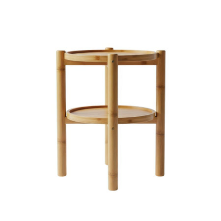 Showcasing a charming and eco-friendly two-tier side table crafted from natural bamboo. Its round top and lower shelf offer stylish display or storage for plants and decor.の素材