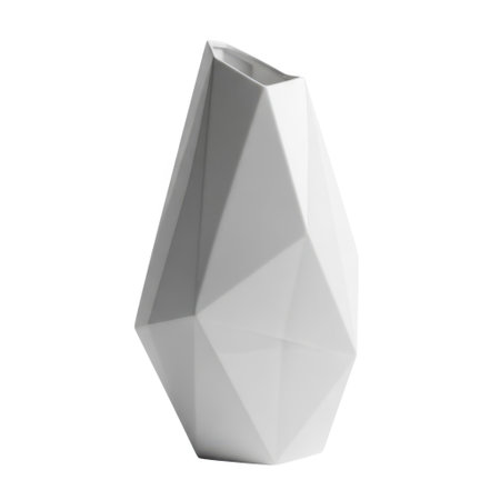 A striking modern white ceramic vase with a unique geometric, faceted design. This sculptural piece adds a contemporary artistic touch to any home decor setting or floral arrangement.の素材