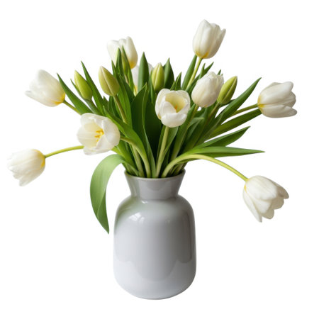 A stunning bouquet of fresh white tulips displayed in a simple ceramic vase. This elegant arrangement captures the essence of spring and brings natural beauty indoors.の素材