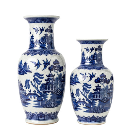 A pair of traditional Chinese porcelain vases showcasing detailed blue and white scenic artwork. These decorative pieces feature pagodas, trees, and flying birds, adding classic elegance to any space.の素材