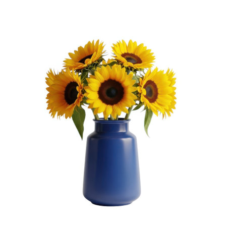 A cheerful arrangement of bright yellow sunflowers, showcasing their iconic petals and dark centers, artfully placed in a smooth, deep blue vase. This natural beauty brings warmth and sunshine to any space.の素材