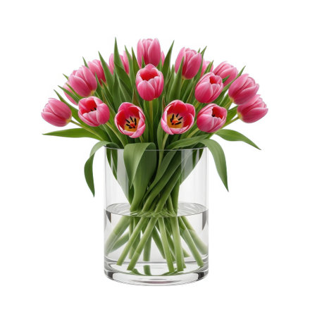 A beautiful bouquet of pink tulips with lush green stems elegantly displayed in a clear cylindrical glass vase filled with fresh water, a perfect spring floral arrangement.の素材