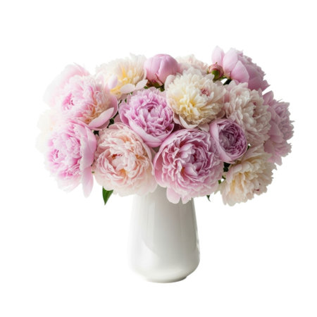 A stunning arrangement of light pink purple and cream peonies in a simple white vase. This dreamy floral display evokes romance elegance and natural beauty perfect for any occasion.の素材
