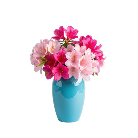 A beautiful arrangement of pink and red rhododendron flowers presented in a striking turquoise vase. This colorful display brings a touch of natural beauty and elegance to any setting.の素材
