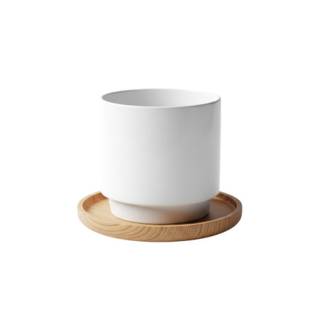A minimalist white ceramic planter sits on a natural wood saucer, perfect for adding a touch of modern elegance to any indoor plant display or home decor setting.の素材