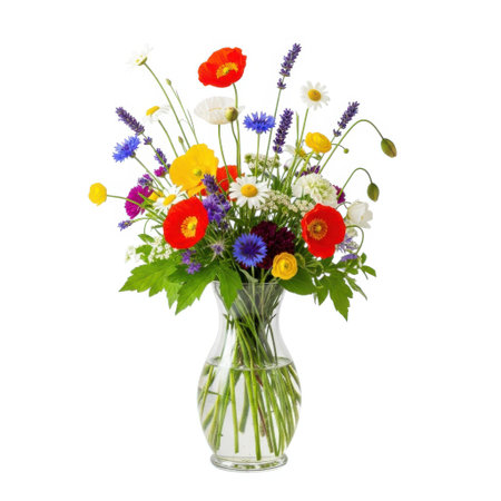 A beautiful, colorful bouquet of wild meadow flowers including poppies and cornflowers presented in a clear glass vase. This arrangement brings the essence of summer indoors.の素材