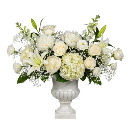 A lush and sophisticated floral centerpiece featuring white roses, hydrangeas, and other delicate blooms presented in a timeless white urn, perfect for creating a romantic atmosphere.の素材