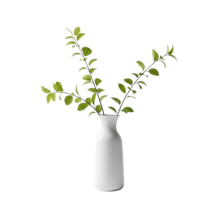 A modern minimalist white vase holding delicate green plant stems creates a simple yet elegant home decor accent. This artistic arrangement adds a touch of nature and serenity.の素材