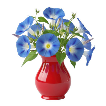 A stunning arrangement of delicate blue morning glory flowers in full bloom, presented in a glossy red vase. This image captures the essence of summer gardens and natural beauty.の素材