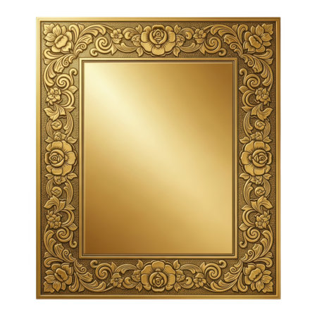 A close-up shot of an exquisitely detailed rectangular gold frame featuring intricate embossed floral patterns and decorative borders, showcasing rich texture and craftsmanship.の素材