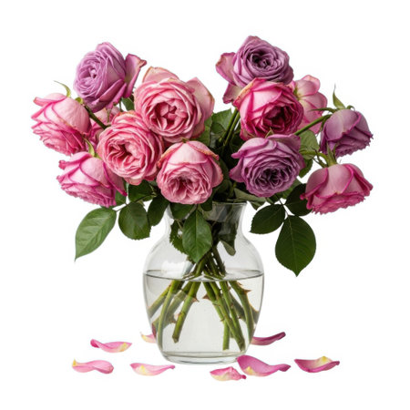 A stunning arrangement of mauve and pink roses presented in a simple clear glass vase. Delicate petals have fallen, adding a touch of natural beauty to this romantic floral display.の素材