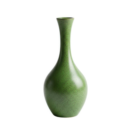 A tall, slender ceramic vase with a smooth, glossy green finish. Its minimalist design and graceful shape make it a perfect display for single stems or small bouquets in any home.の素材