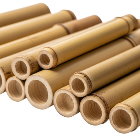 A close-up view of many natural bamboo poles, cut and stacked, showcasing their hollow interiors and fibrous texture. Ideal for crafting, construction, or rustic decor projects.の素材