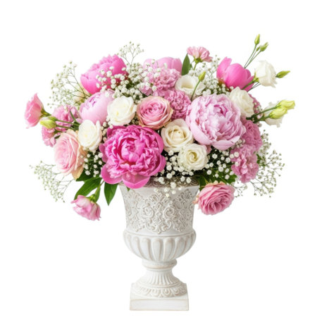 A breathtaking arrangement of lush pink and white peonies and tiny white flowers, artfully displayed in an ornate white urn. This beautiful floral display evokes romance and natural beauty.の素材