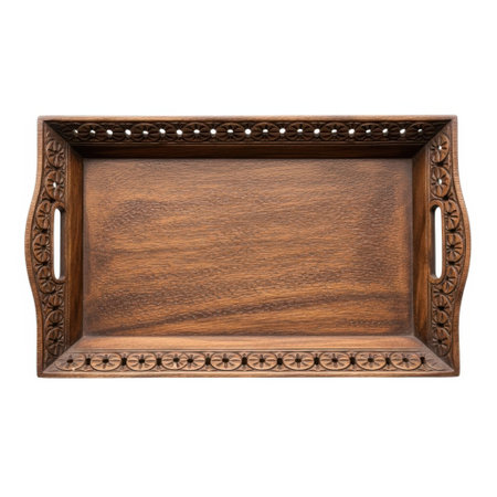 A beautifully crafted wooden serving tray featuring intricate carvings and ornate handles. Its decorative oriental design makes it perfect for serving or as a stunning decorative piece.の素材