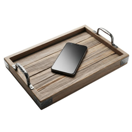 A rustic wooden serving tray featuring distressed wood planks and sturdy metal handles, showcasing a modern smartphone for contemporary lifestyle presentation.の素材