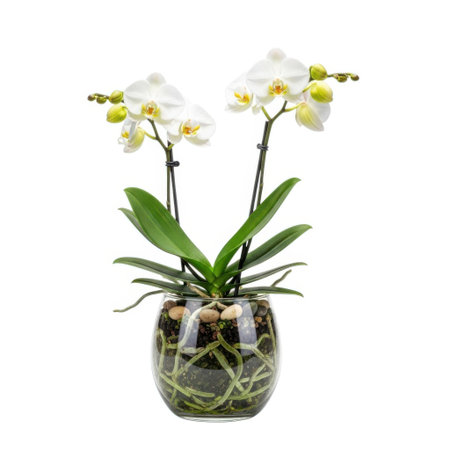 A stunning white orchid plant is showcased in a unique, textured glass vase. Its delicate blooms and lush green leaves bring a touch of sophisticated natural beauty to any interior space.の素材