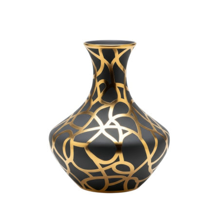 A striking dark ceramic vase adorned with a captivating geometric pattern of gold and silver lines. This decorative piece adds a touch of elegance and artistry to any space.の素材