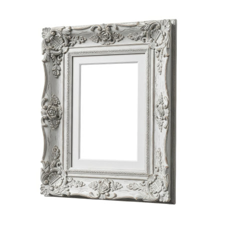 A detailed, antique-inspired silver gilt baroque frame with intricate floral carvings. This decorative frame is perfect for showcasing cherished art, family photos, or elegant mirrors.の素材
