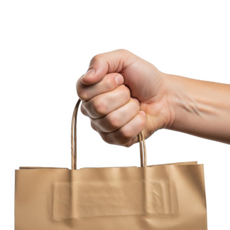 A close-up shot of a person's hand firmly grasping the handle of a brown paper shopping bag. The image emphasizes the texture and details of the bag and the hand.の素材