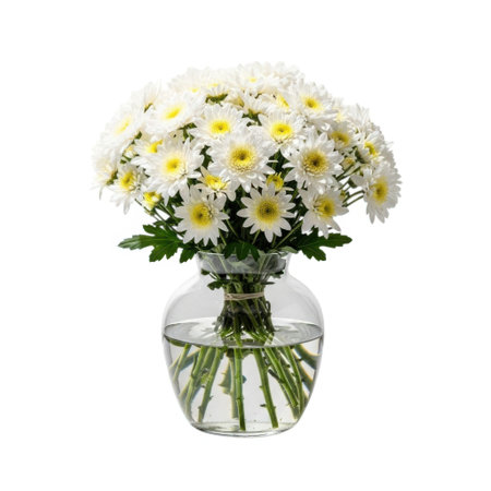 A stunning arrangement of delicate white and yellow chrysanthemums showcased in a round, clear glass vase. The fresh flowers are beautifully presented, highlighting their natural charm and vibrant colors.の素材