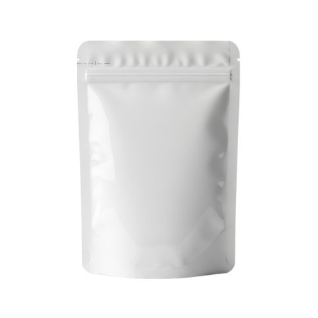 A plain white stand-up pouch with a zipper closure, isolated and ready for custom branding. Ideal for product packaging mockups and showcasing retail-ready designs.の素材