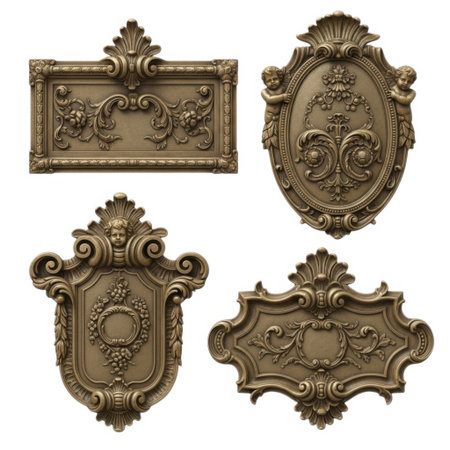 A collection of four detailed antique decorative embellishments. These ornate pieces feature intricate scrolls acanthus leaves and crests showcasing classic architectural and design elements.の素材