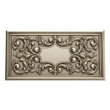 Intricate antique metal decorative panel featuring elaborate scrolling floral acanthus leaf motifs surrounding a central blank cartouche, perfect for luxury design elements.の素材