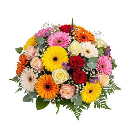 A stunning dome-shaped bouquet filled with colorful gerbera daisies, delicate roses, and lush green foliage, perfect for any occasion and guaranteed to brighten any space.の素材