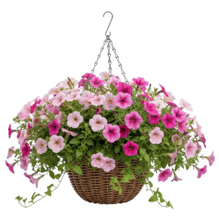 A lush hanging basket overflowing with vibrant pink and purple petunias, creating a stunning floral cascade. Perfect for adding color to patios, balconies, and garden spaces.の素材