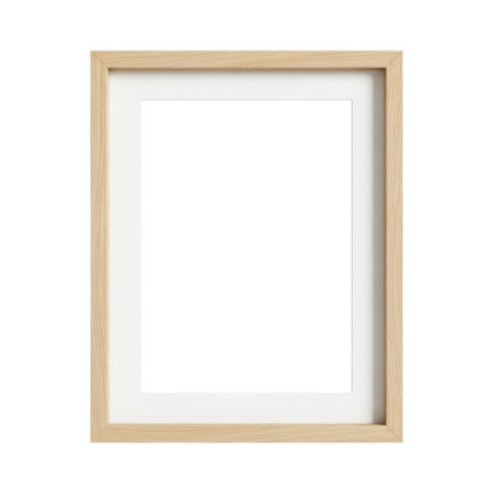 A clean and elegant empty picture frame, featuring a light wooden exterior and a white mat. Perfect for displaying your favorite photos, art prints, or cherished memories in any home or office setting.の素材
