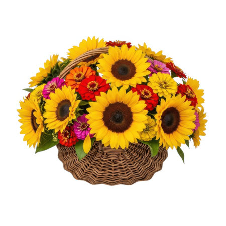 A bountiful arrangement overflowing with bright yellow sunflowers and colorful accents nestled in a textured brown woven basket. This lively floral display radiates warmth and natural beauty, perfect for any occasion.の素材