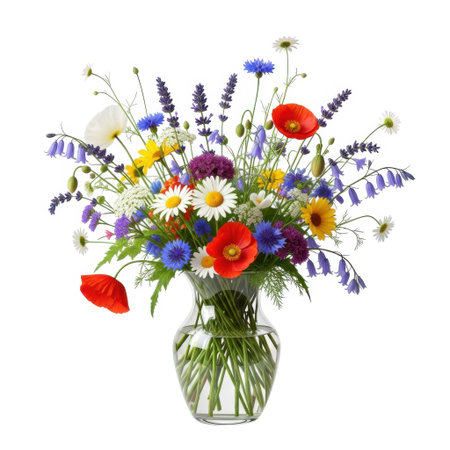 A delightful and colorful bouquet of wildflowers, including poppies, daisies, and lavender, artfully arranged in a clear glass vase, bringing the charm of nature indoors.の素材