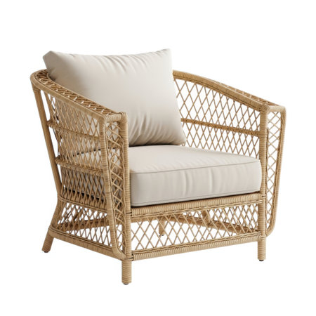 Experience ultimate comfort with this beautifully crafted wicker armchair. Featuring plush, inviting cushions, it's ideal for creating a serene seating area on your patio, porch, or living space.の素材