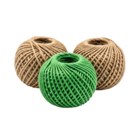 A close-up view of three spools of twine one green and two natural brown. Ideal for crafts baking gardening and various household tasks.の素材