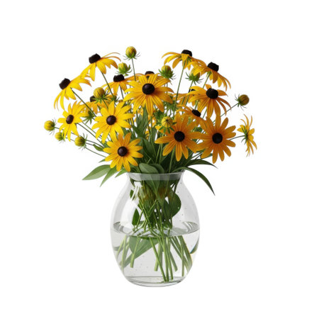 A vibrant bouquet of yellow Black Eyed Susan flowers with dark centers fills a clear glass vase. The cheerful blossoms bring a touch of nature's beauty indoors.の素材