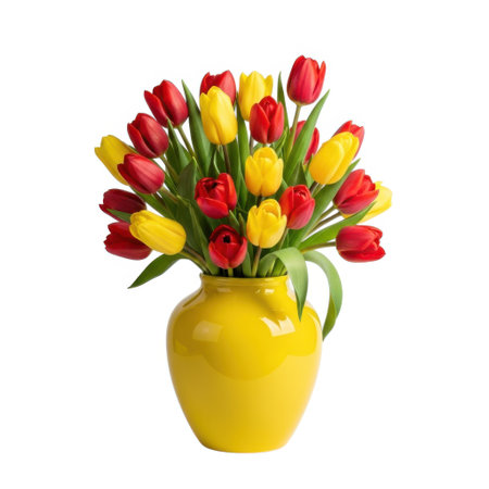 A beautiful and colorful arrangement of fresh red and yellow tulips fills a charming yellow ceramic pitcher. Perfect for adding a touch of spring.の素材