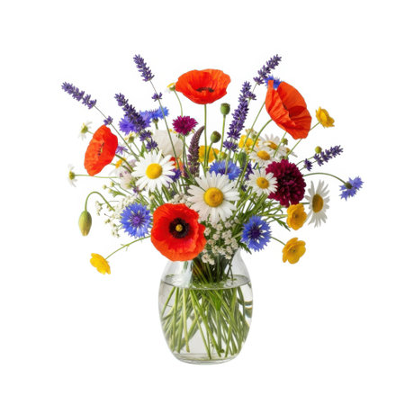 A beautiful arrangement of colorful wildflowers including poppies, daisies, and cornflowers in a clear glass vase, evoking a sense of natural beauty and summer freshness.の素材