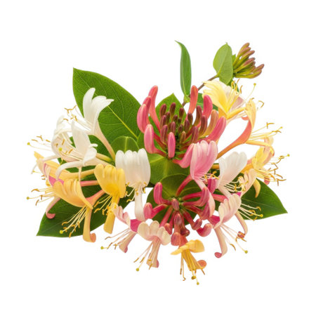 A beautiful cluster of fragrant honeysuckle flowers in various shades of pink yellow and white accented by lush green leaves creating a natural and delicate botanical composition.の素材